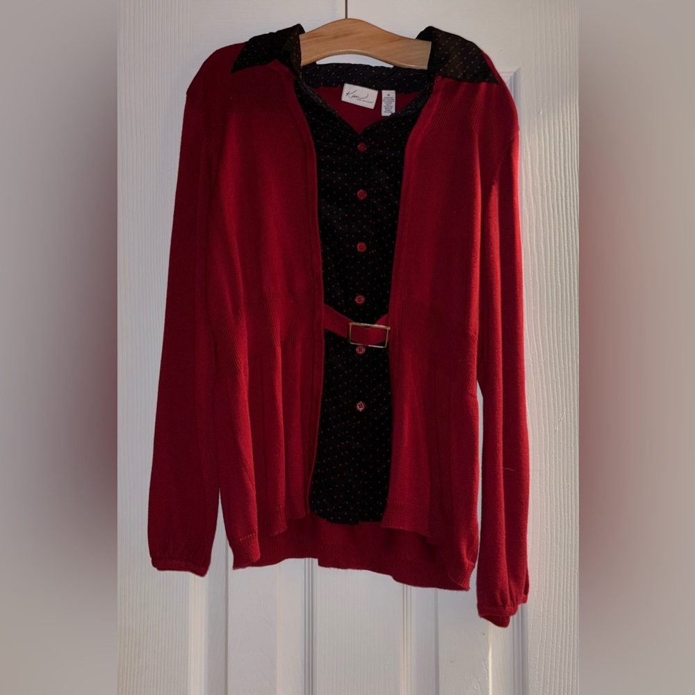 Kim Rogers Belted Red Cardigan Attached with Collar Blouse Y2K style